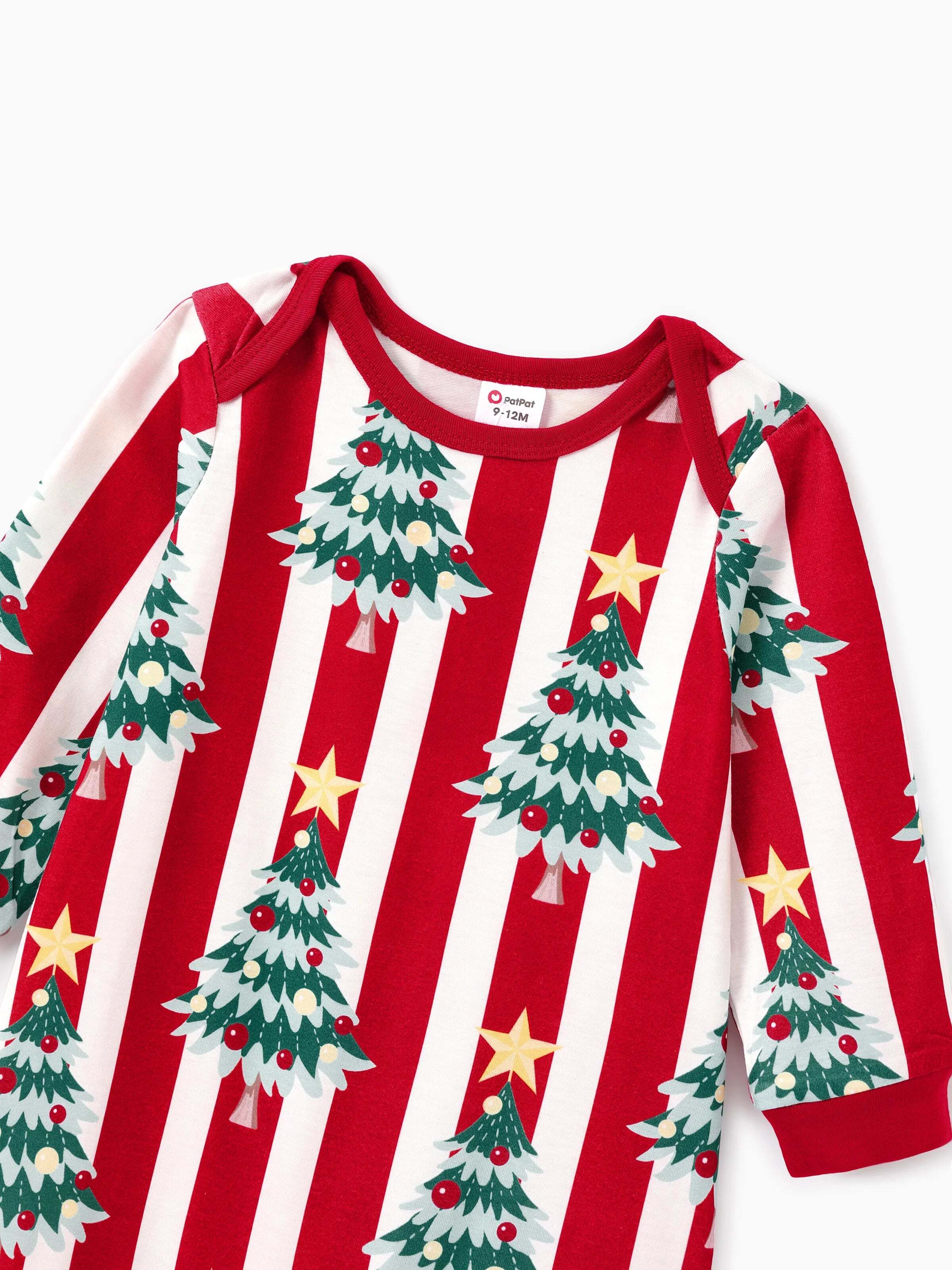 Christmas Family Matching Trees Print Stripes Long-sleeve Pajamas Sets with Christmas Socks Red