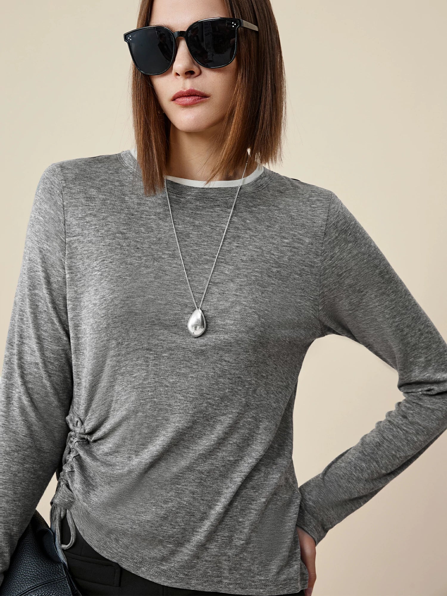 Lyocell & Wool Round Neck Long Sleeve Drawstring T-Shirt