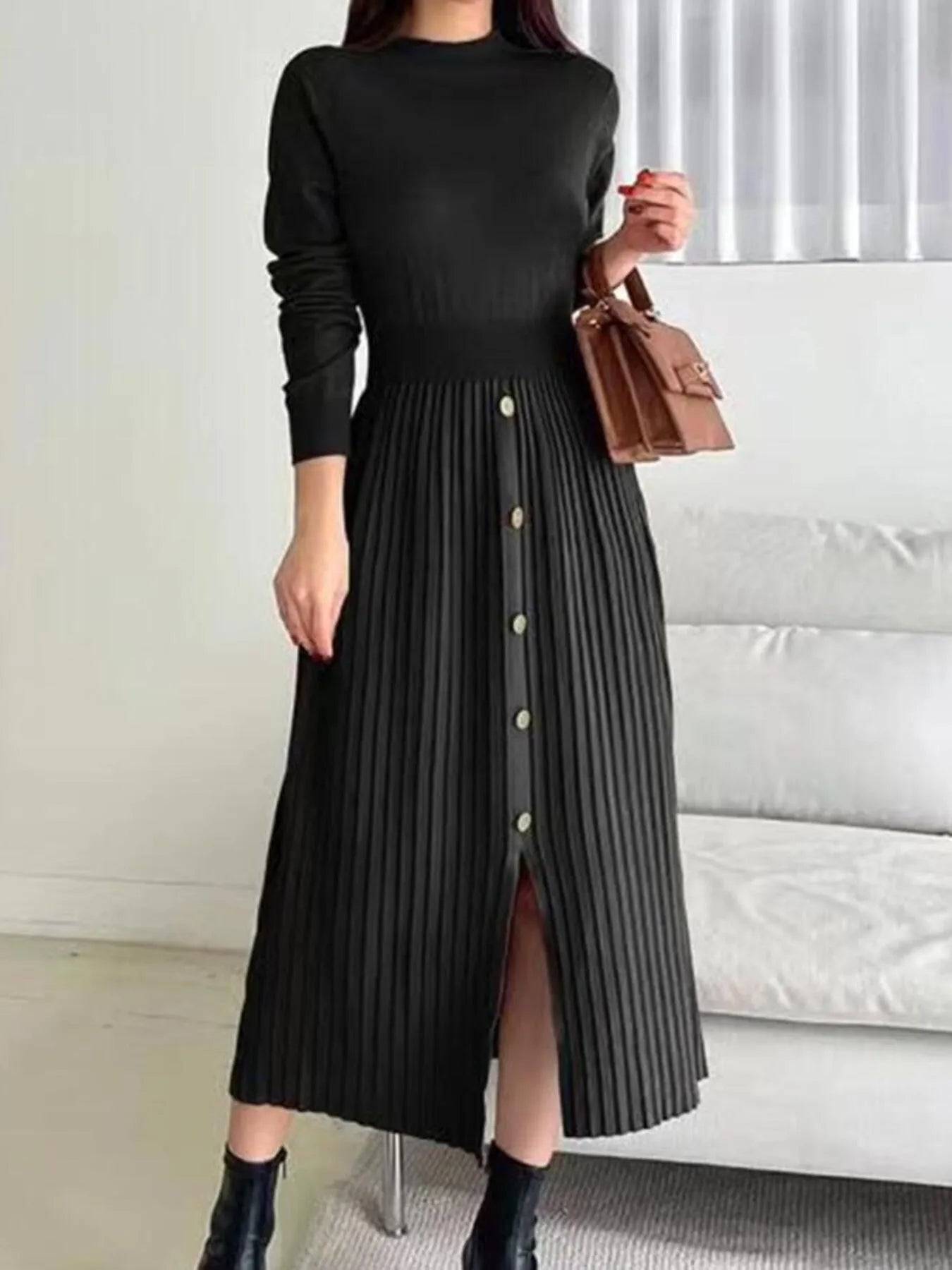 Slit Front Mock Neck Long Sleeve Knit Dress