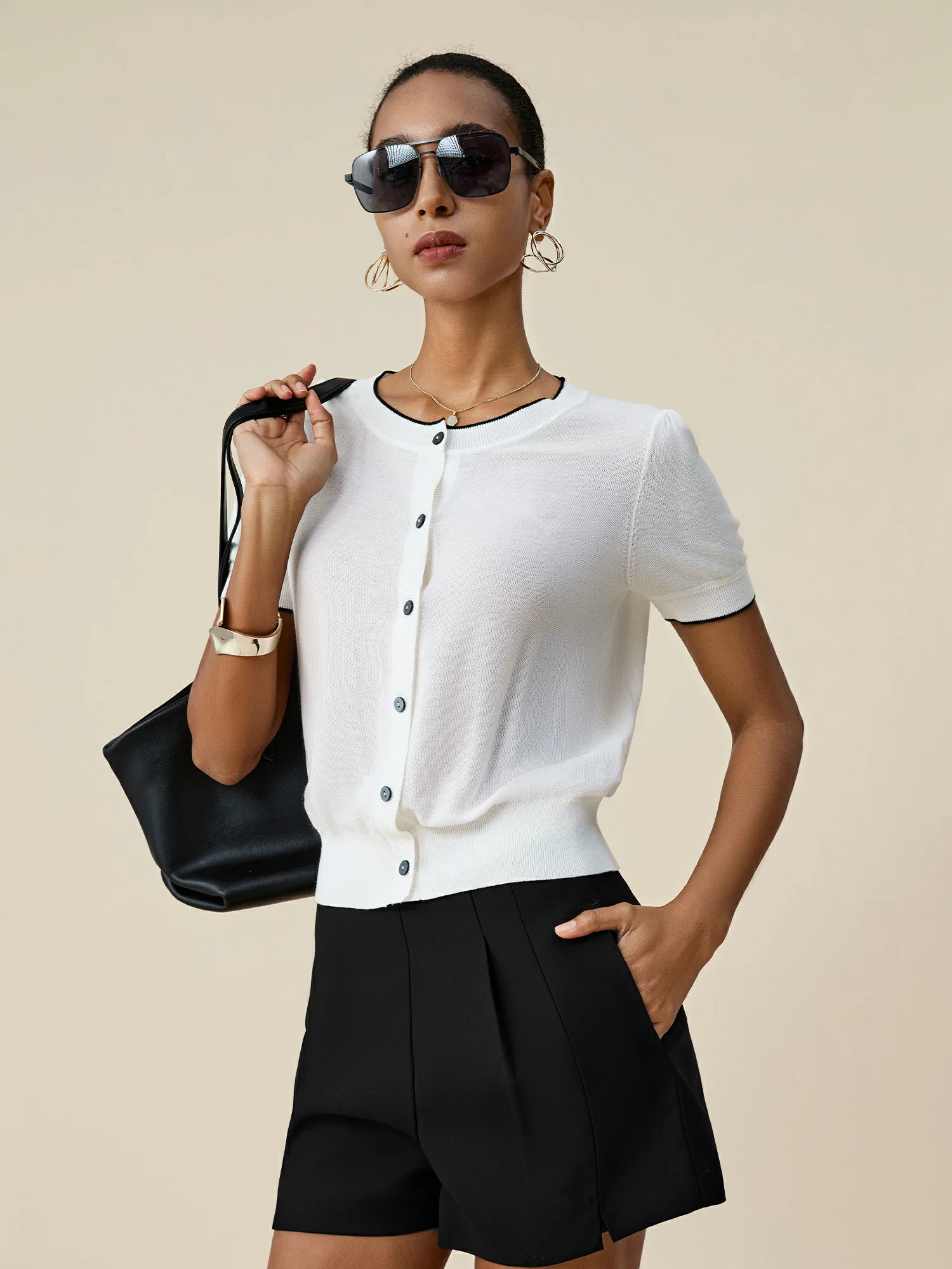 Cotton & Linen Round Neck Contrast Cardigan