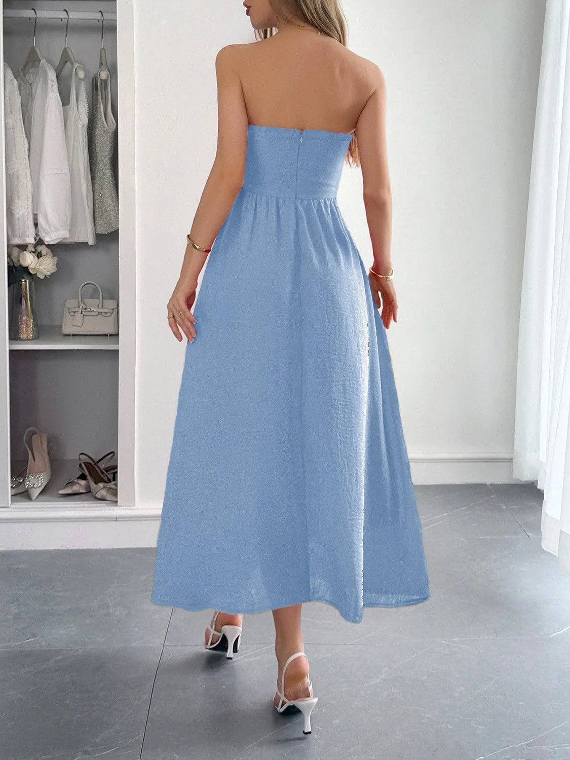 Strapless A-Line Midi Dress with Pockets