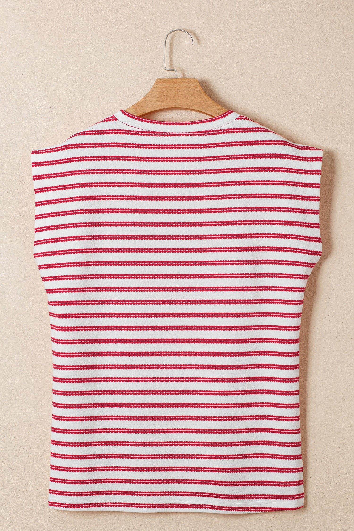 Red Stripe Textured Knit Button Detail Short Sleeve Casual Tee