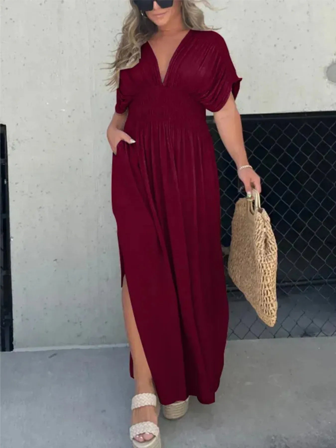 Full Size Deep V-Neck Maxi Dress with Side Slit Plus Size