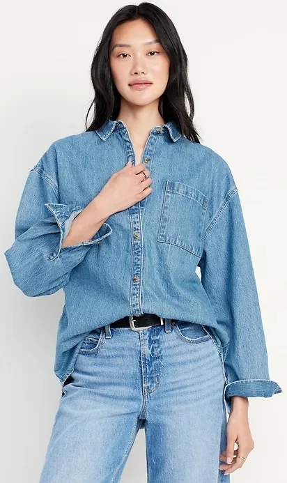 Boyfriend-style button-down denim shirt