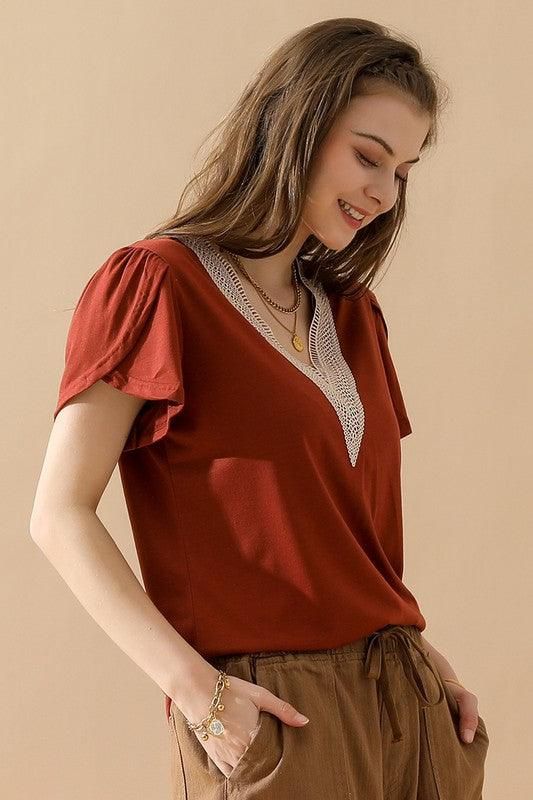 Gold Lace V Neck Ruffle Short Sleeve Top