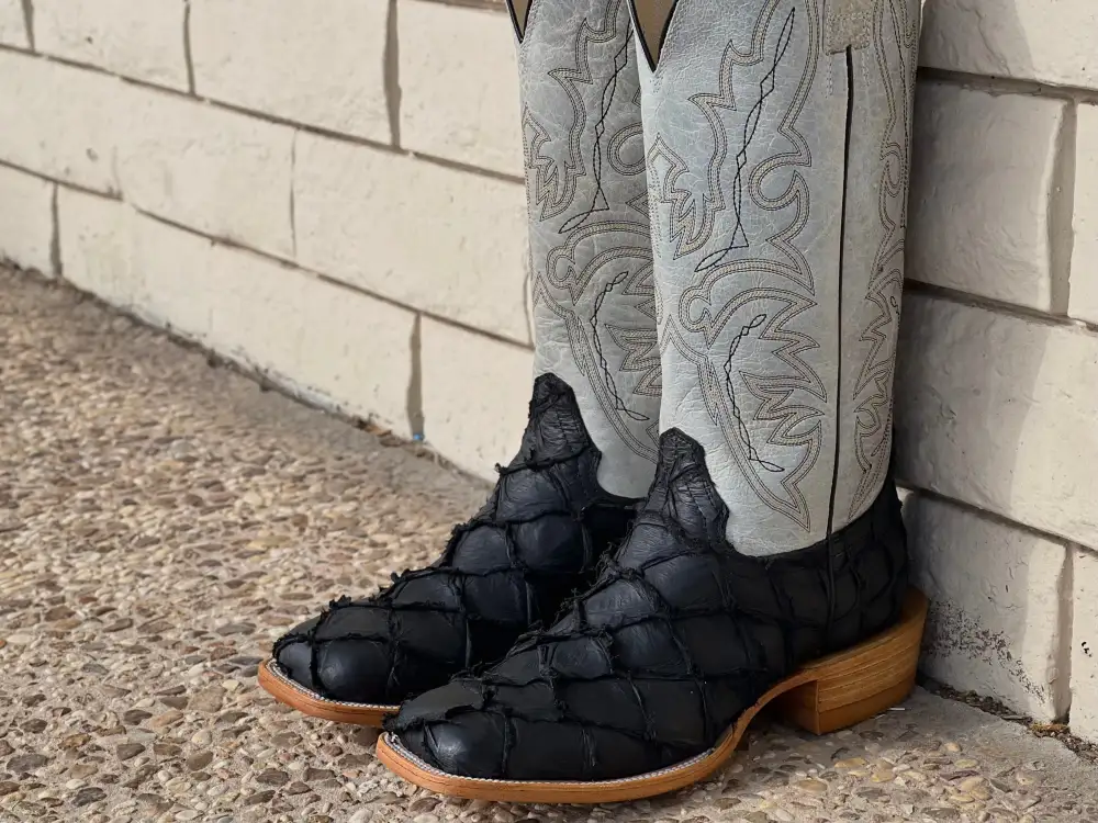 Men’s Black Matte Pirarucu Exotic Boots With White Shaft