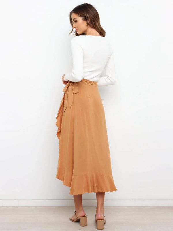 Waist Tie Solid Color Irregular Midi Flare Skirt