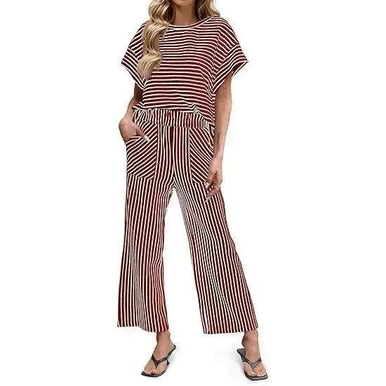Women’s Striped Batwing Top & Wide Leg Pants 2-Piece Lounge Set with Pockets