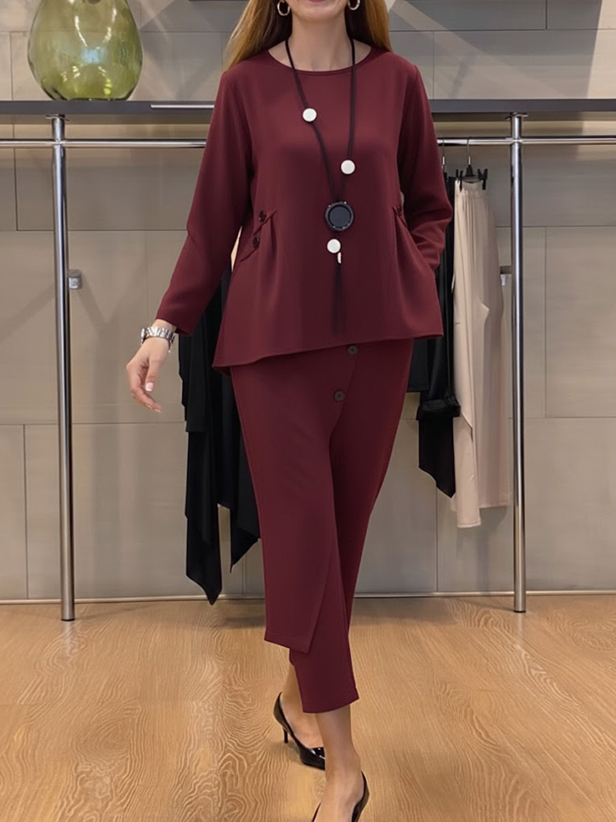 Women's Solid Color Round Neck Long Sleeve Casual Loose Top And High Waist Casual Loose Wide Leg Pants Cotton Set