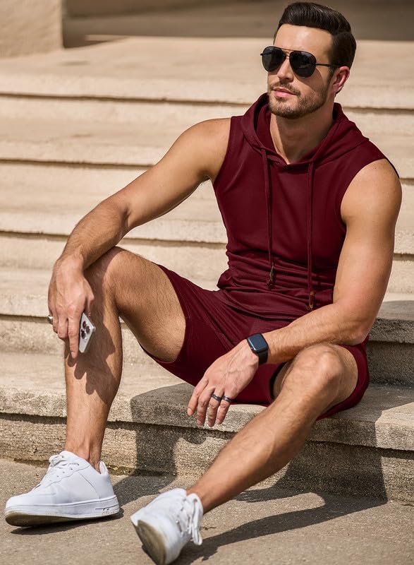 Men's Hoodie Short Set Workout Hooded Tank Top Solid Color 2 Piece Outfit Summer Sleeveless Tracksuits