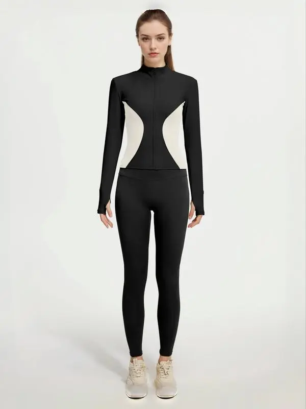 Women's Solid Zip Up Mock Neck Sports Jacket & High Waist Leggings Set