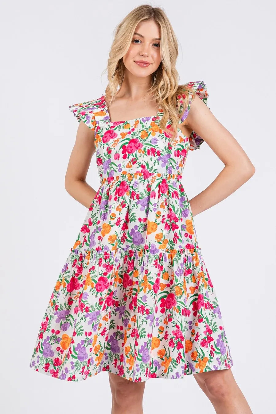 Mittoshop Flower Print Ruffle Shoulder A-line Mini Dress