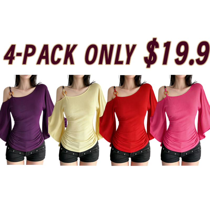 Women’s Retro Ethnic Beaded Asymmetrical Shoulder Flounce Sleeve Flared Top