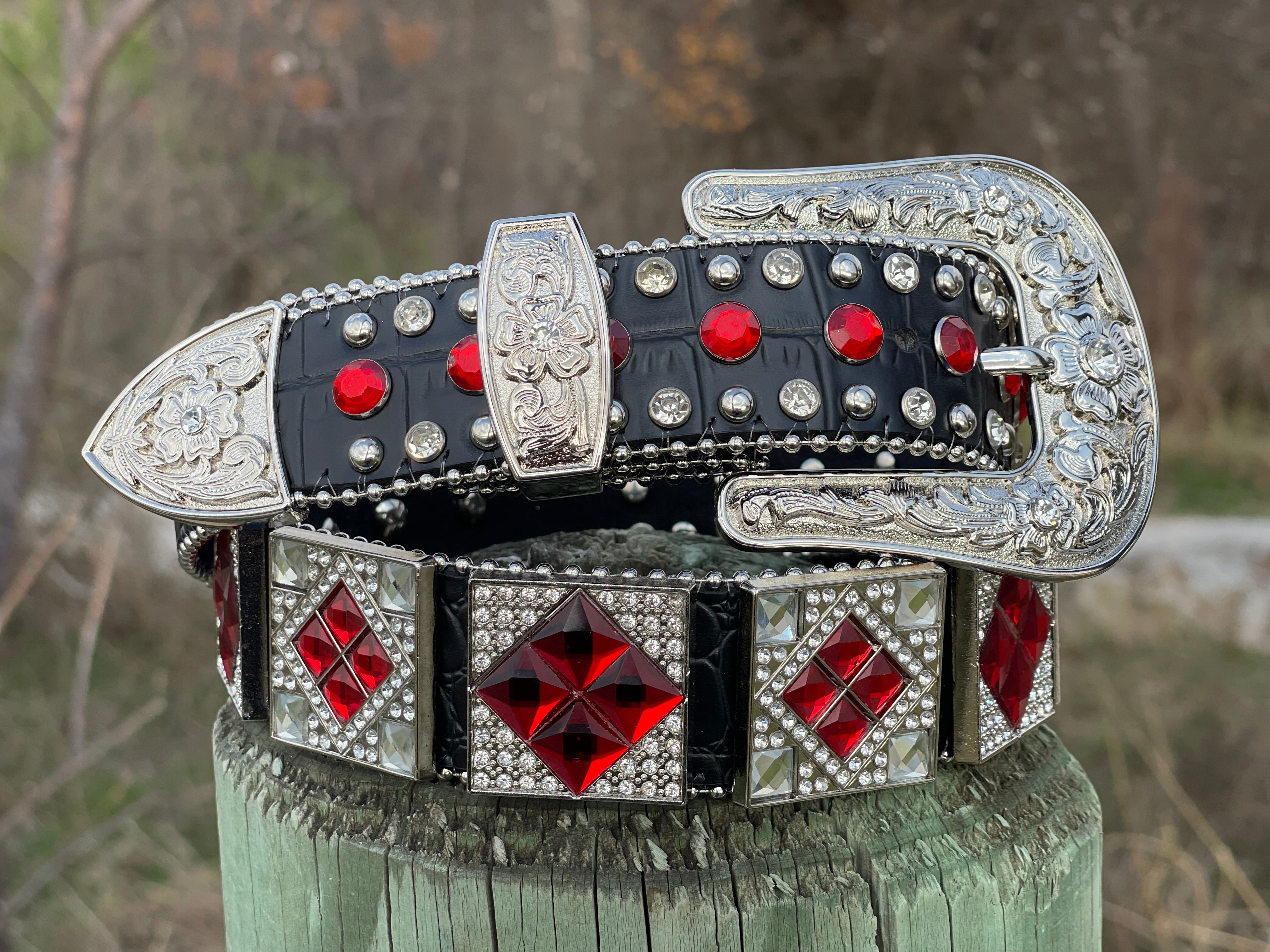 Unisex Black Leather Belt With Red Rhinestones