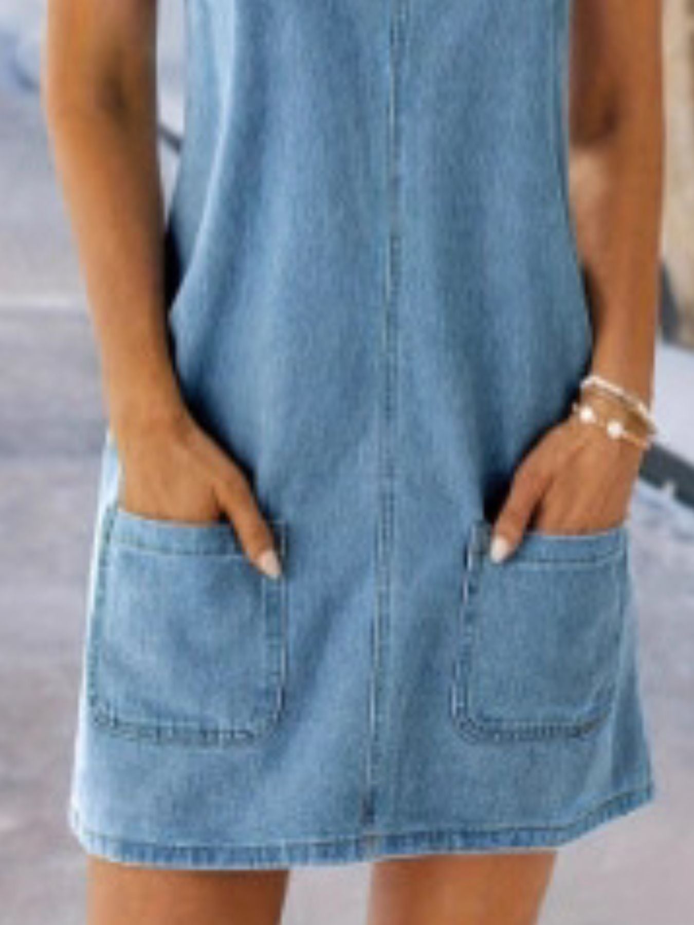 Wide Strap Denim Overall Dress with Pockets