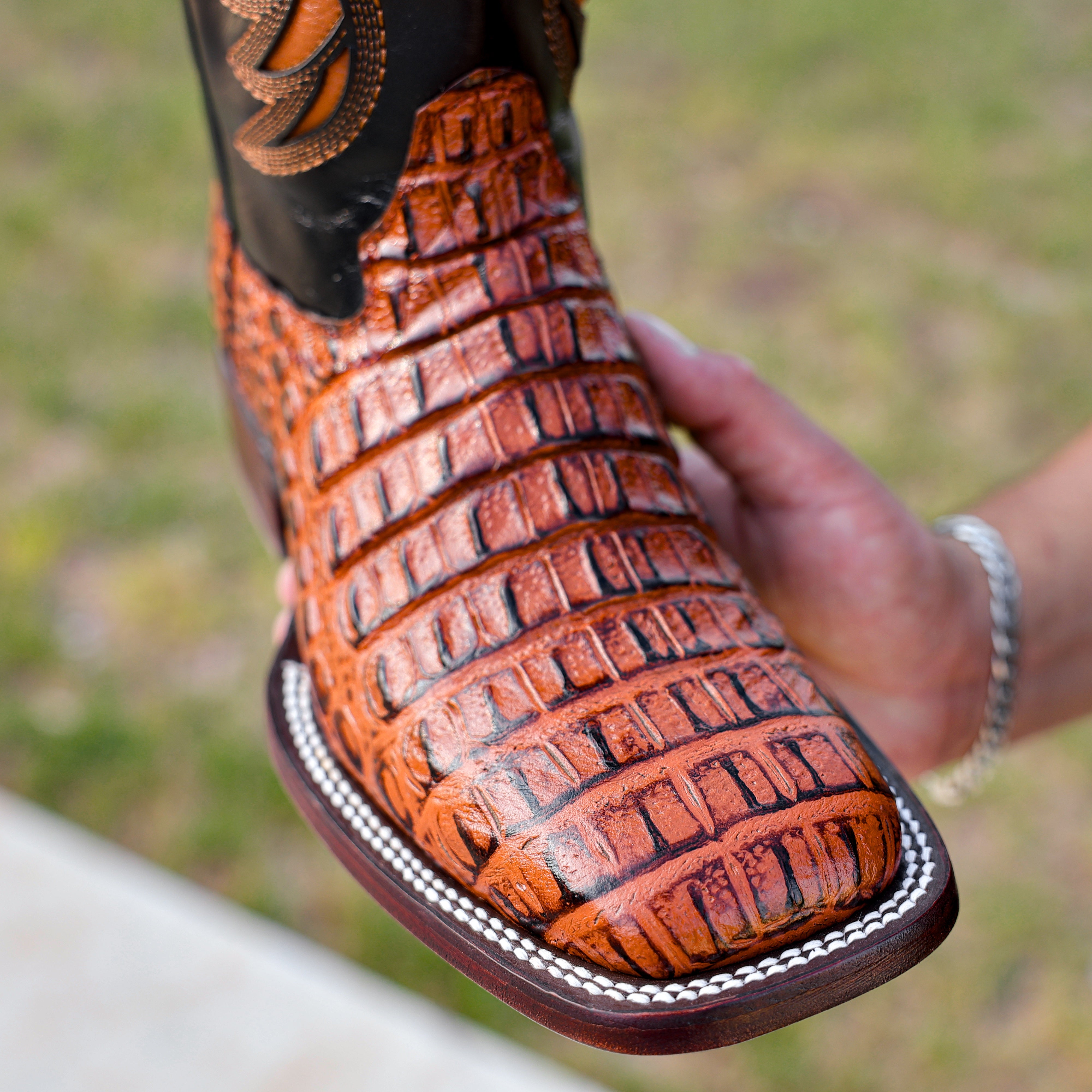 Cognac Caiman Hornback Leather Boots - Square Toe