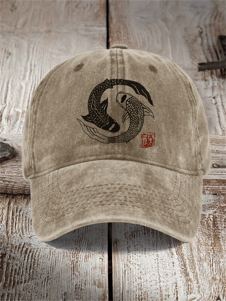 Carp Fish Contrast Japanese Lino Art Washed Cap