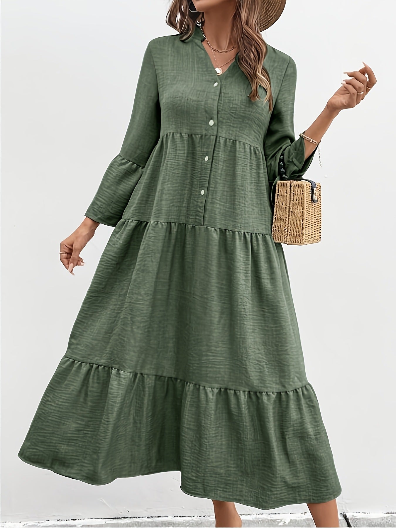Button Front Tiered Midi Dress