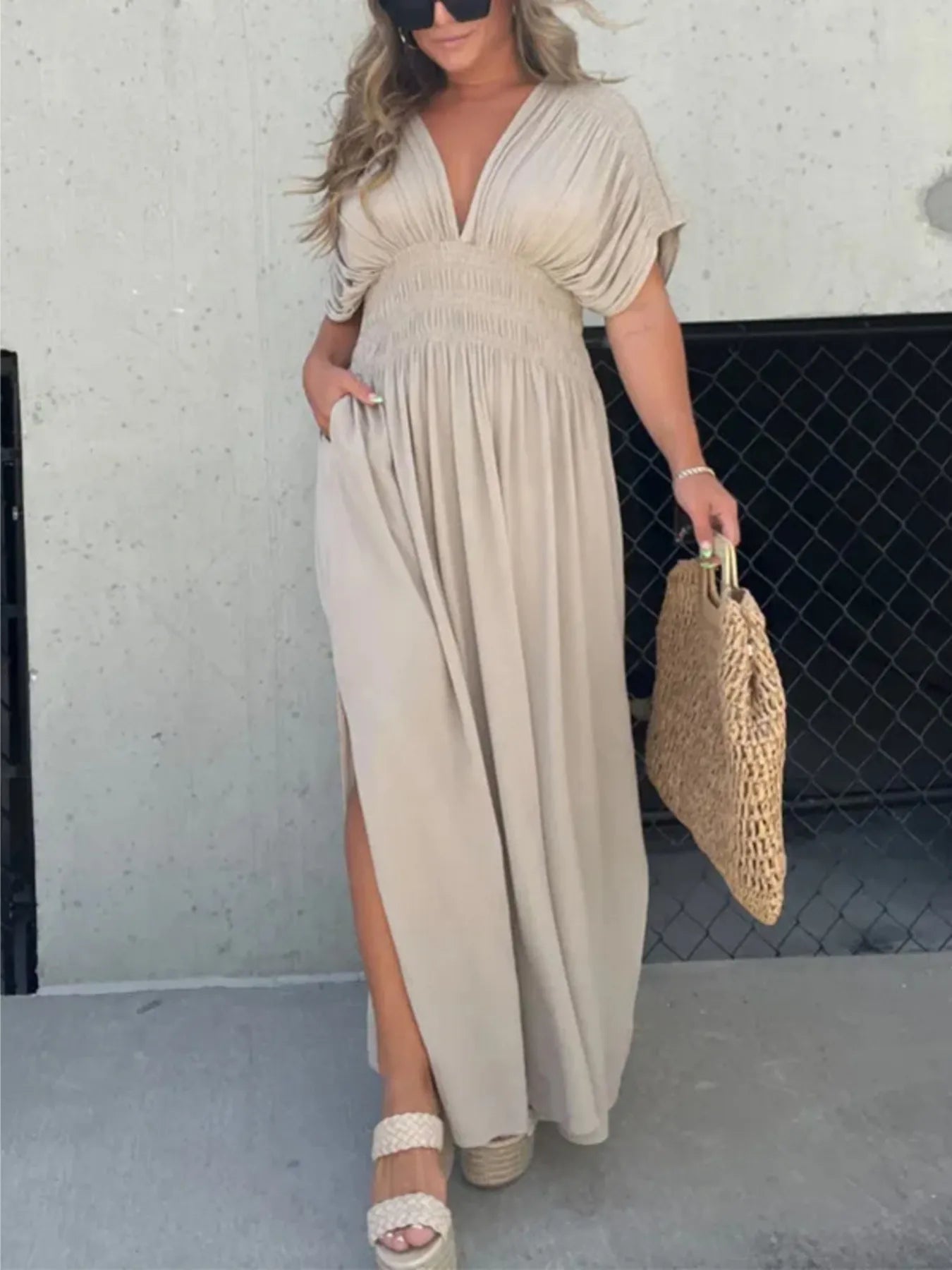 Full Size Deep V-Neck Maxi Dress with Side Slit Plus Size