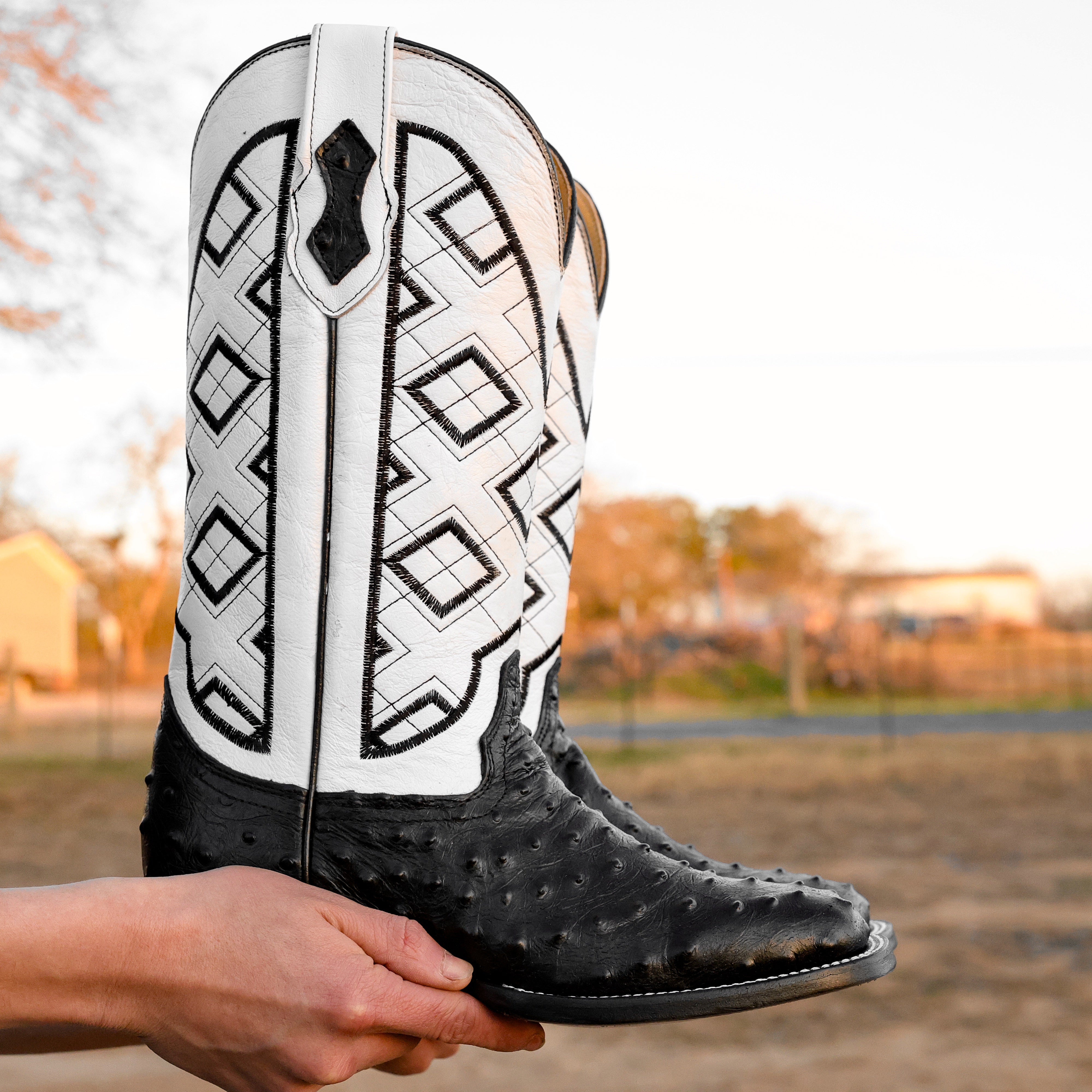 Black Ostrich Leather Boots - Square Toe