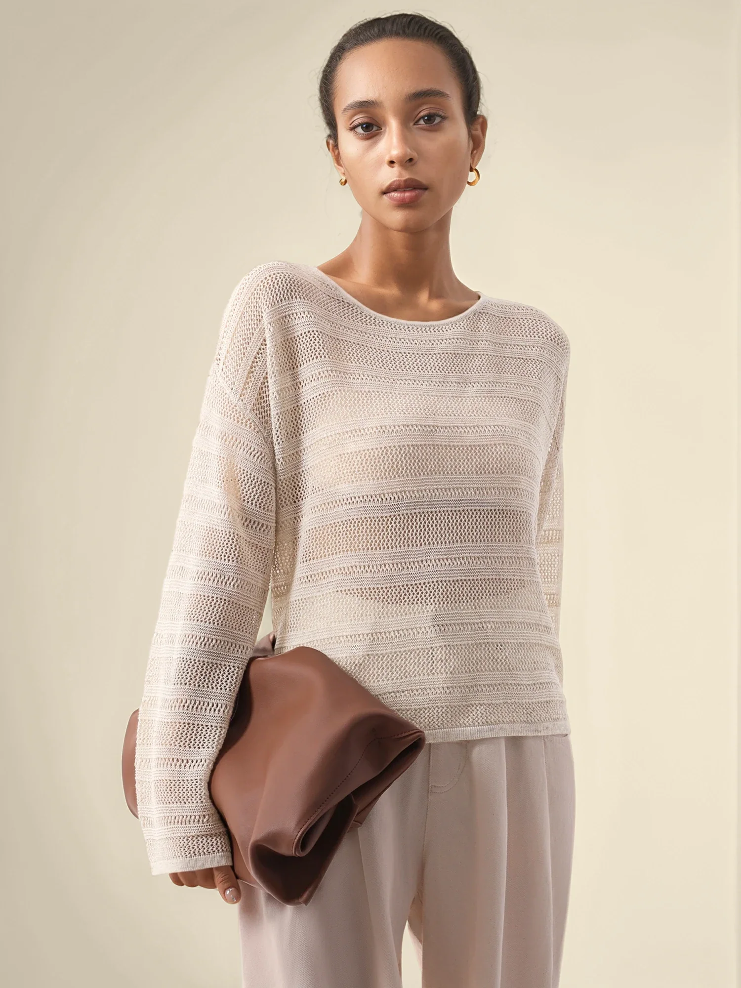 Linen & Lyocell Round Neck Long Sleeve Top