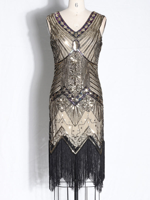 Evening H-Line Beads Sequined Tasseled Midi Dresses