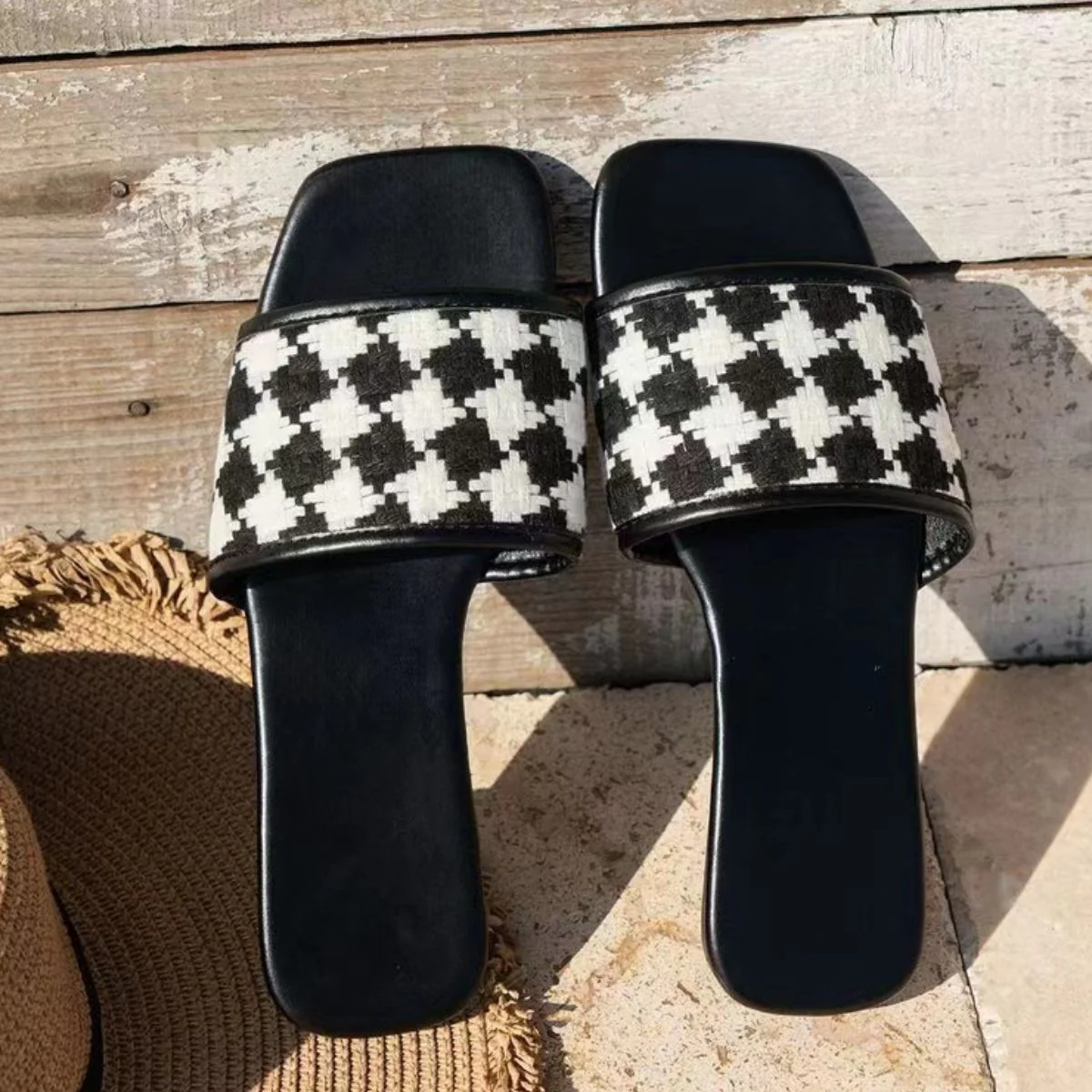 Plaid Open Toe Flat Sandals (multiple color options)