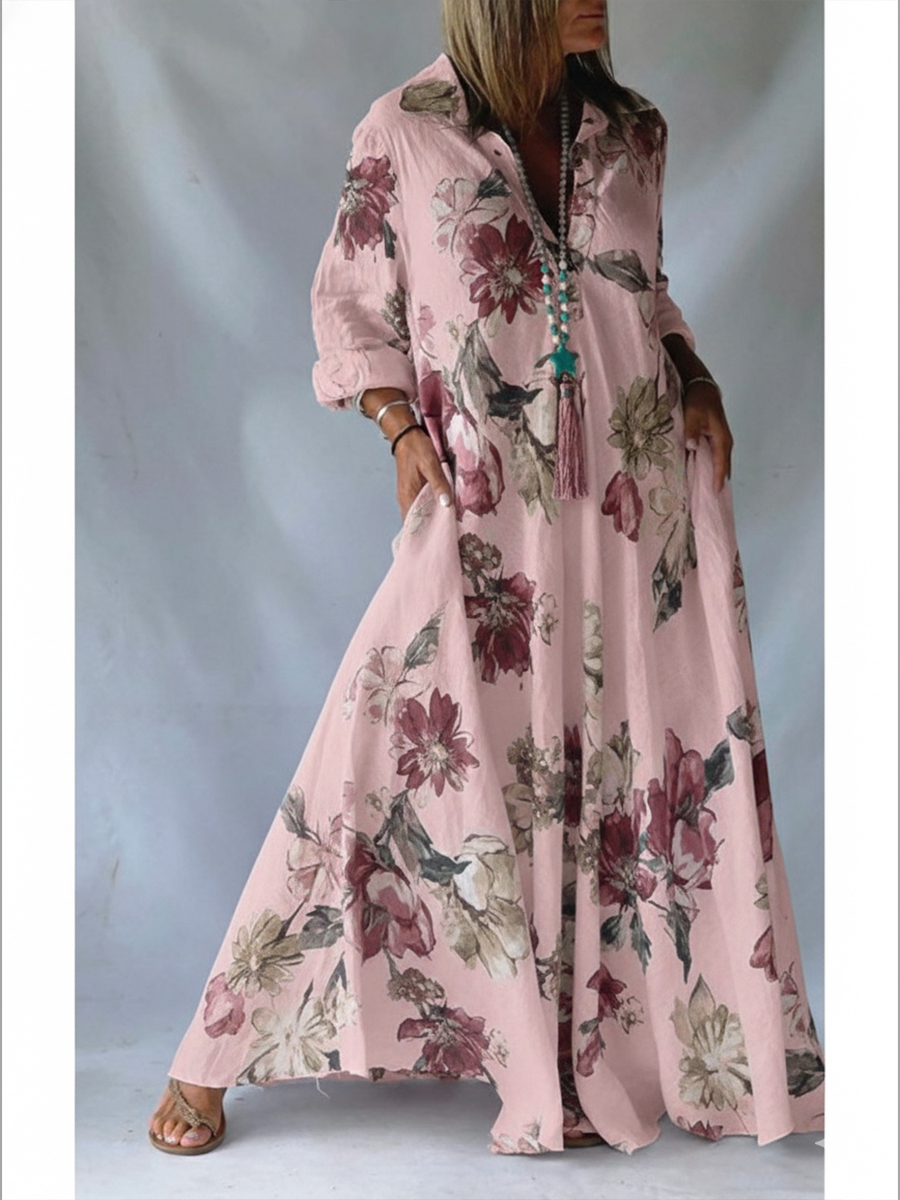 Loose-fitting Casual Linen And Cotton Floral Print Shirt Dress