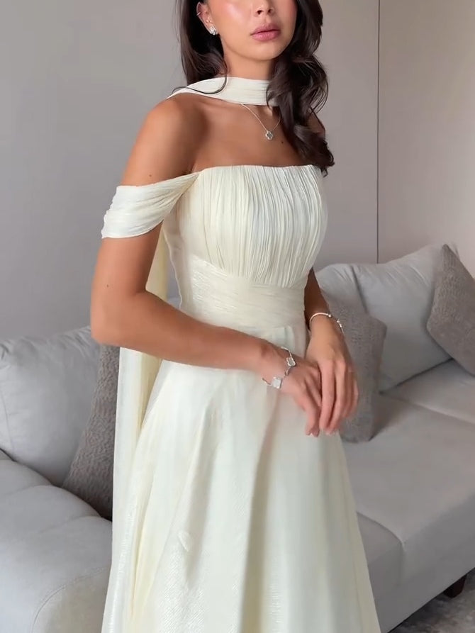 Cream Ribbon Off-shoulder Pleated Maxi Dress