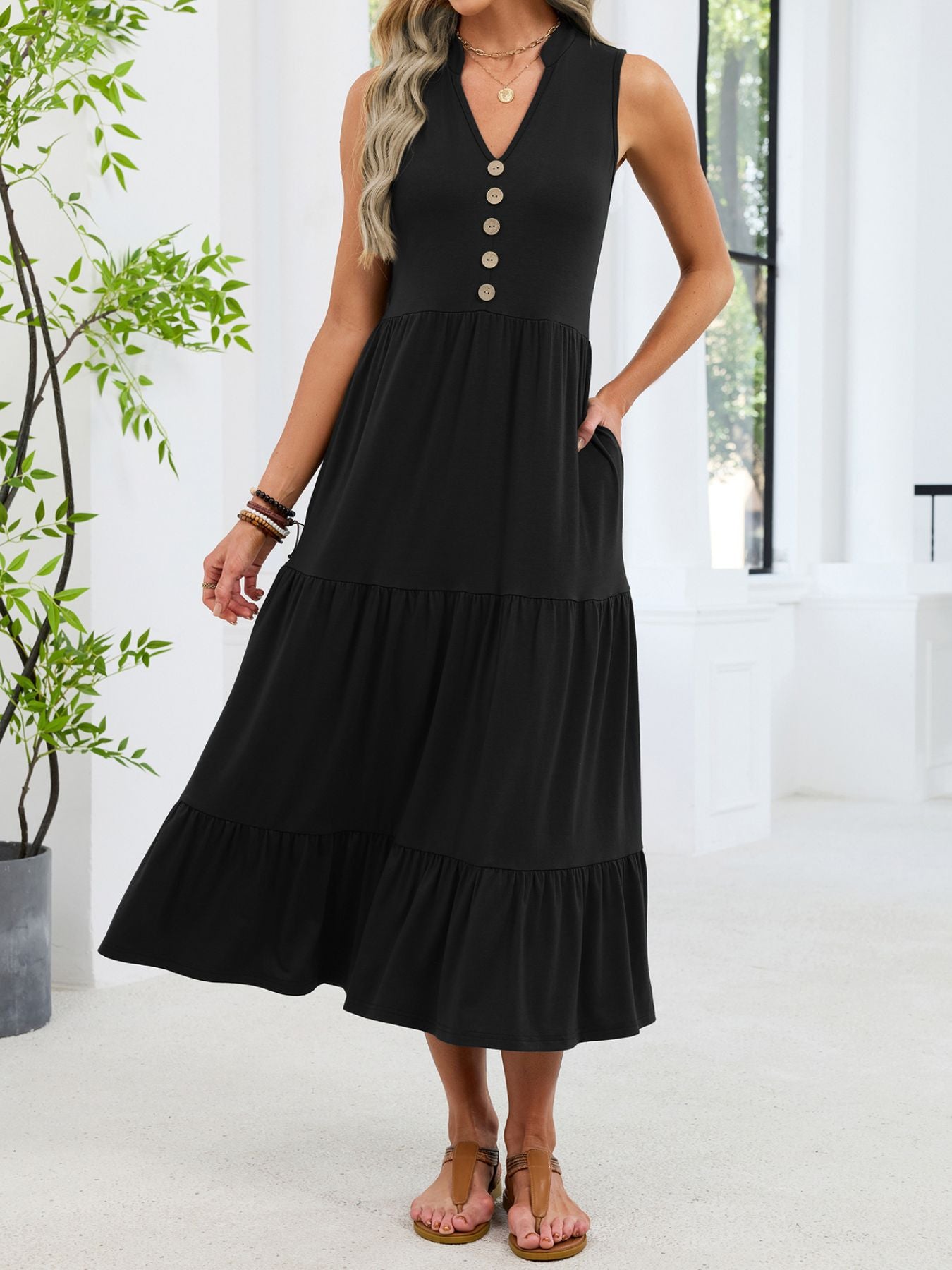 Ruffled Notched Tiered Midi Dress