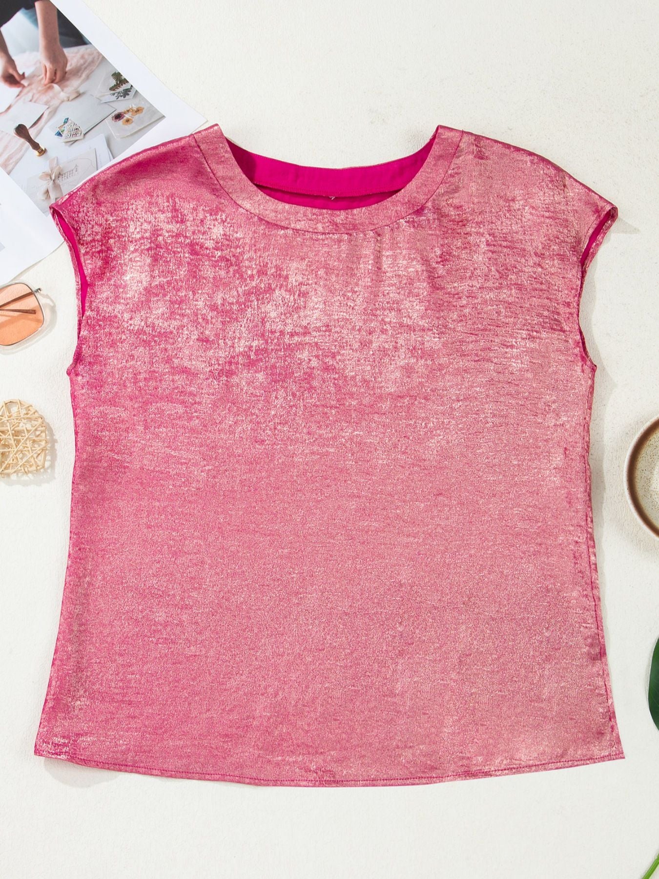 Metallic Round Neck Cap Sleeve Tee