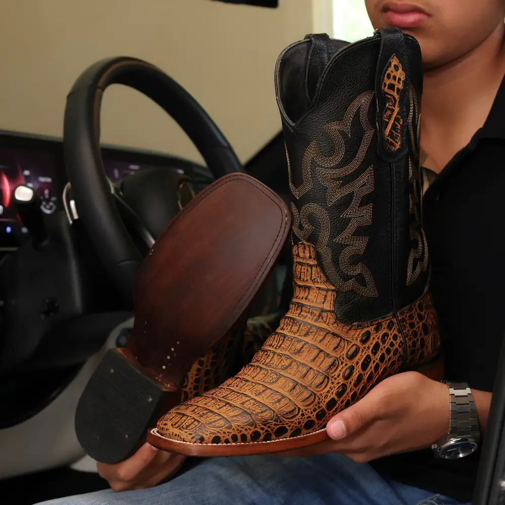 Honey Caiman Back Leather Boots — Square Toe