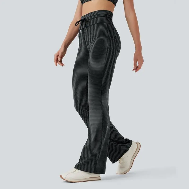 High Waisted Drawstring Stripe Flare Yoga Pants with Pockets