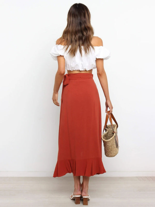 Waist Tie Solid Color Irregular Midi Flare Skirt