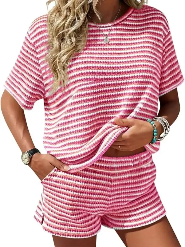 Women's Striped 2-Piece Lounge Set – Short Sleeve Top & Knit Shorts Casual Summer Outfit