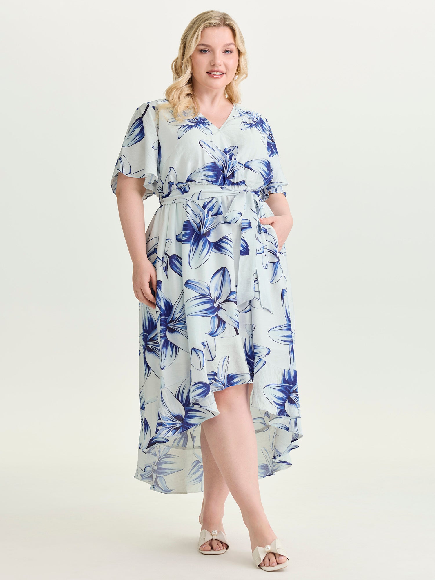 Large Floral Print Wrap Ruffled Hem Midi Dress