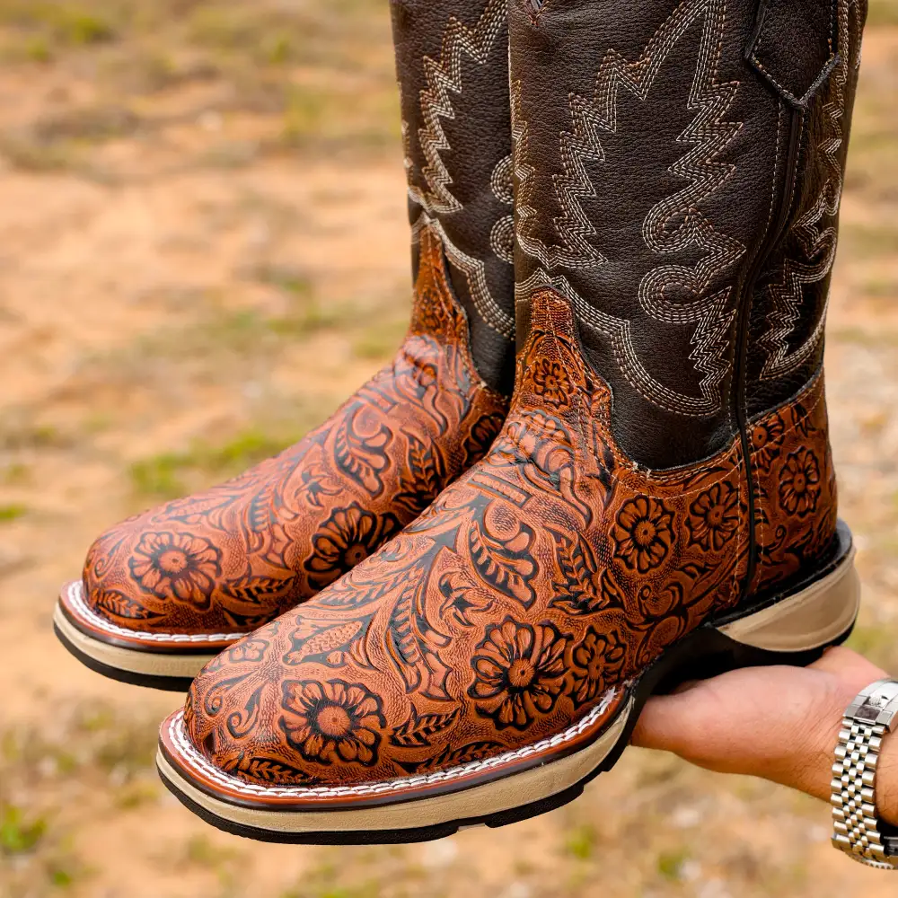 Cognac Hand-Tooled Leather Boots - Composite Toe