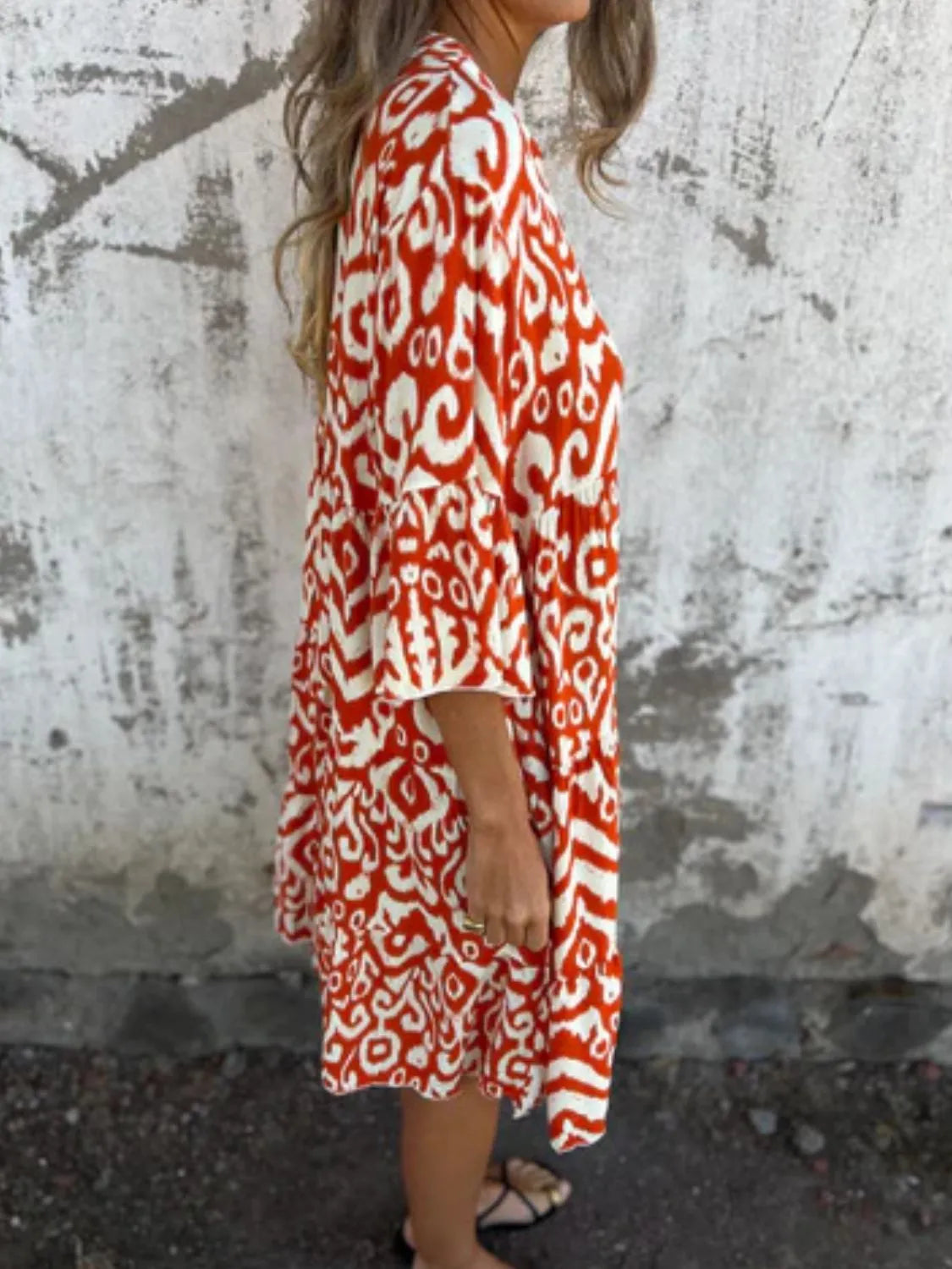 Plus Size Ethnic Print Notched Half Sleeve Midi Dress