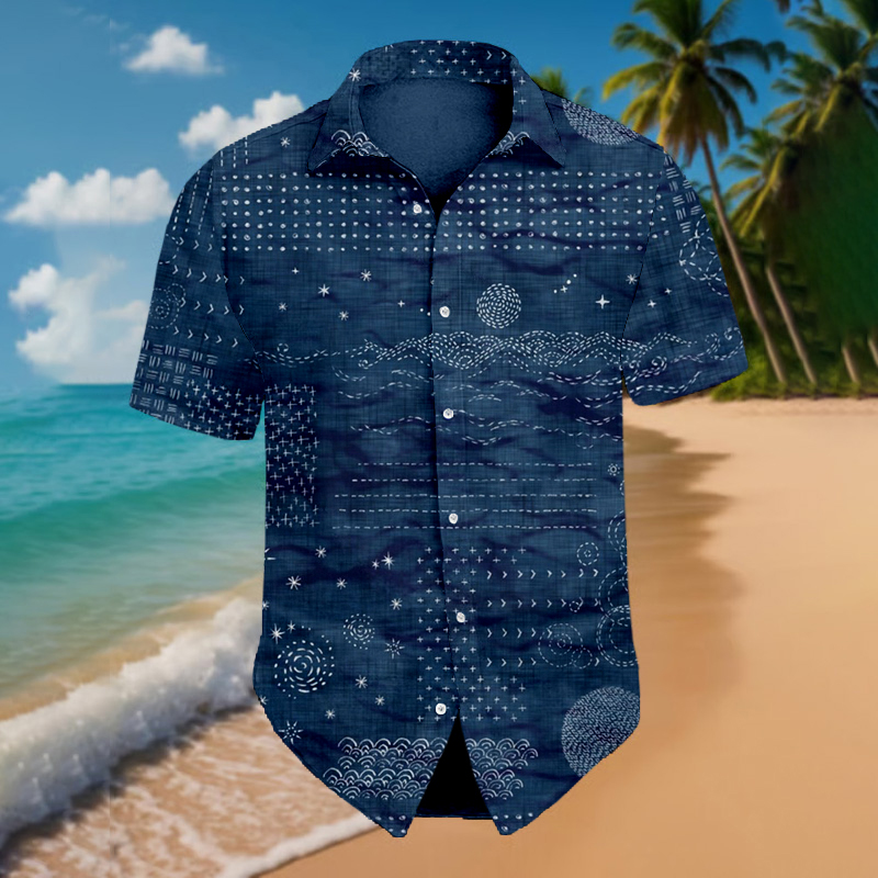 Men's Japanese Traditional Sashiko Art Beach Linen Shirt