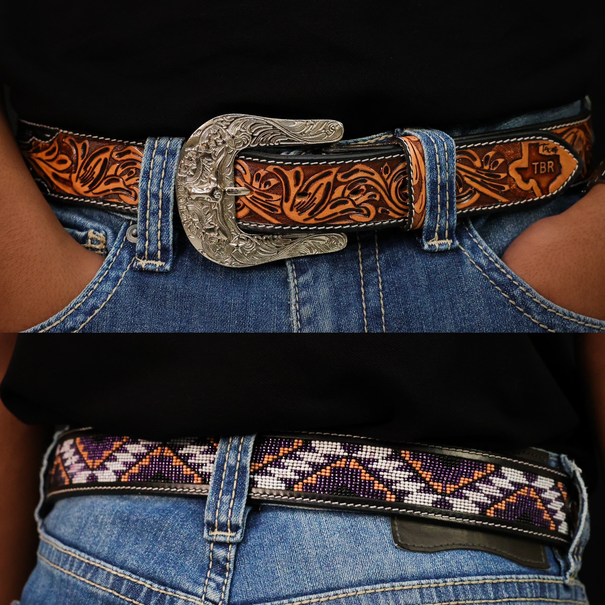 Hand-Tooled Artesanal Beaded Leather Belt