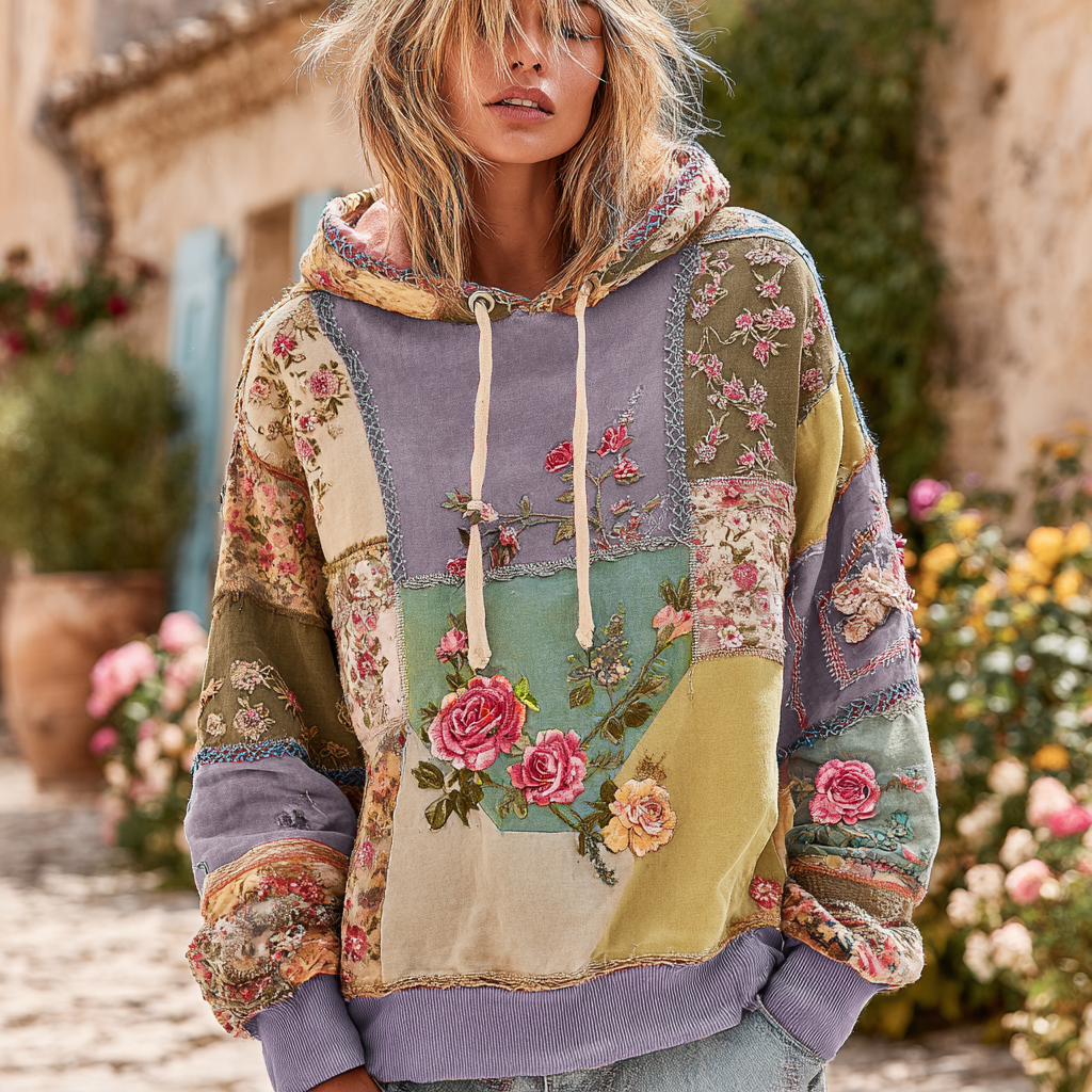 Vintage Rose Floral Patch Comfortable Warm Hoodie