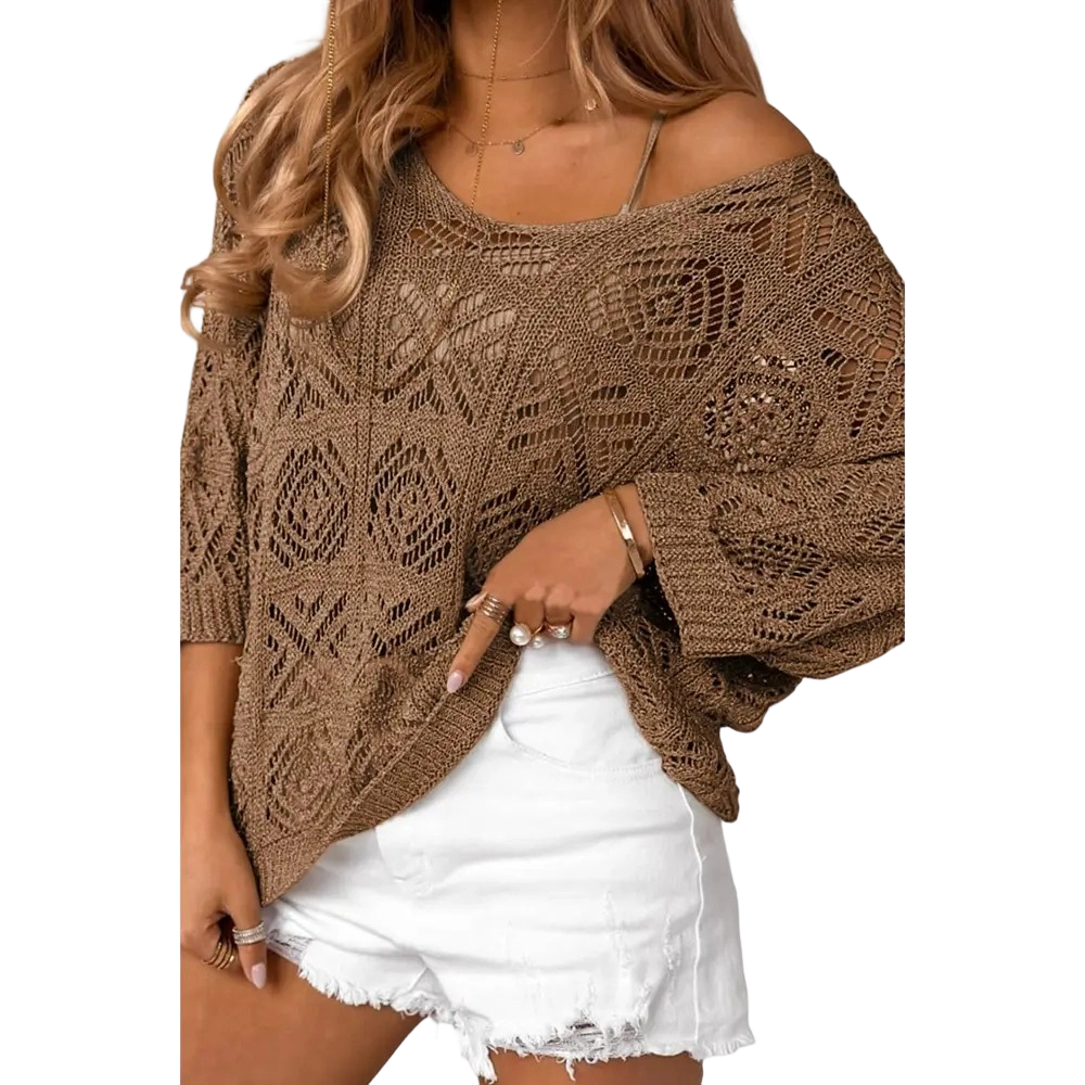✨ Women’s Crochet Hollow-Out Off-Shoulder Top – Lightweight 3/4 Sleeve Summer Sweater