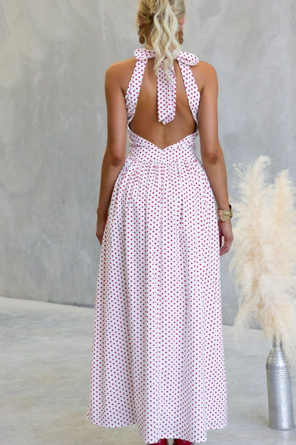 Backless Polka Dot Halter Neck Maxi Dress