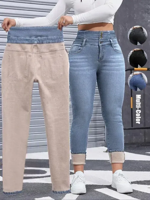 🔥6-PACK ONLY $24🔥Women's High Elasticity Fleece Lined Thick Denim Jeans🔥Final Day Clearance!🛒