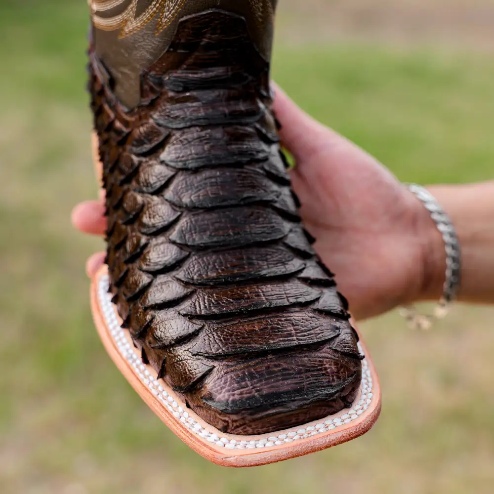 Chocolate Brown Python Leather Boots - Square Toe