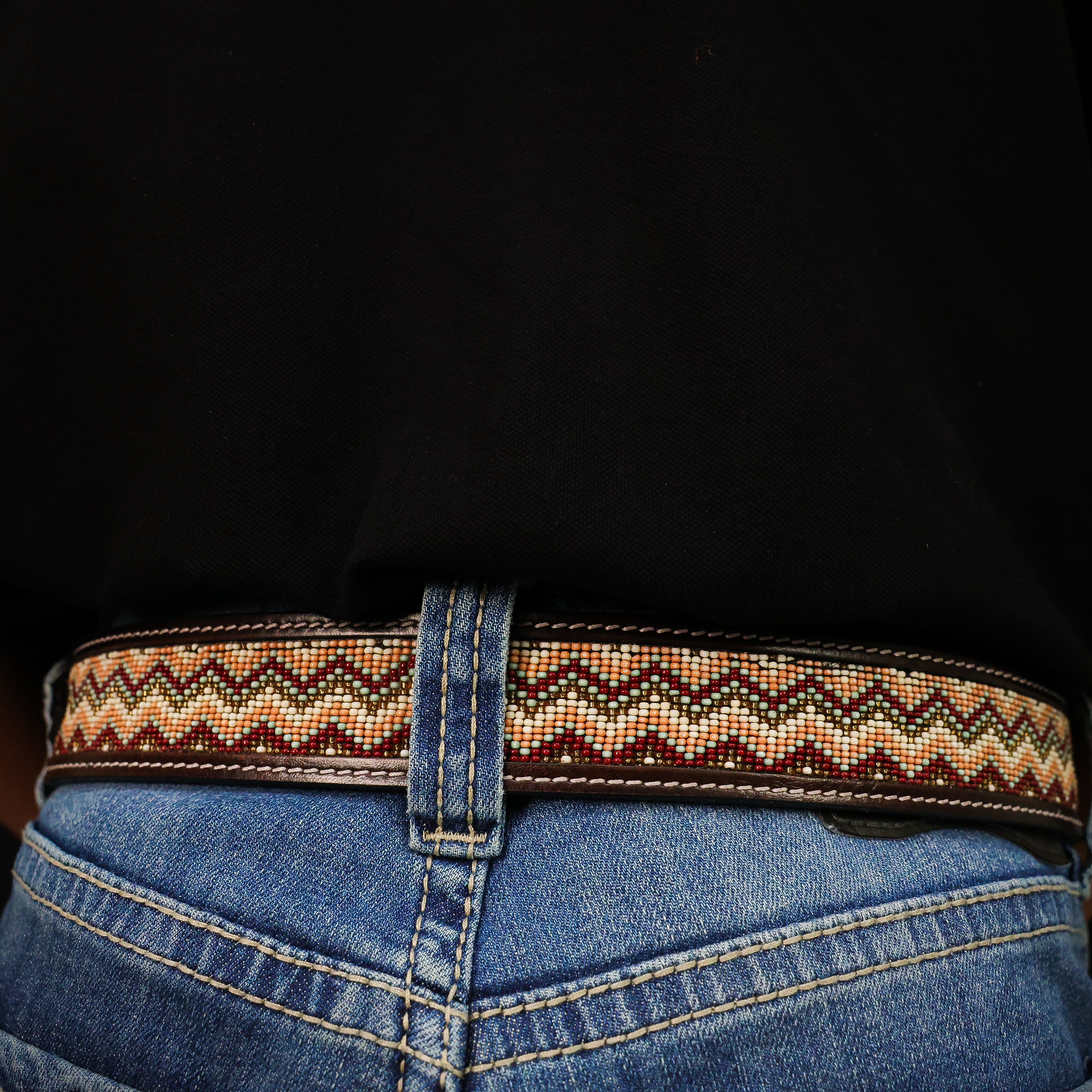 Hand-Tooled Artesanal Beaded Leather Belt