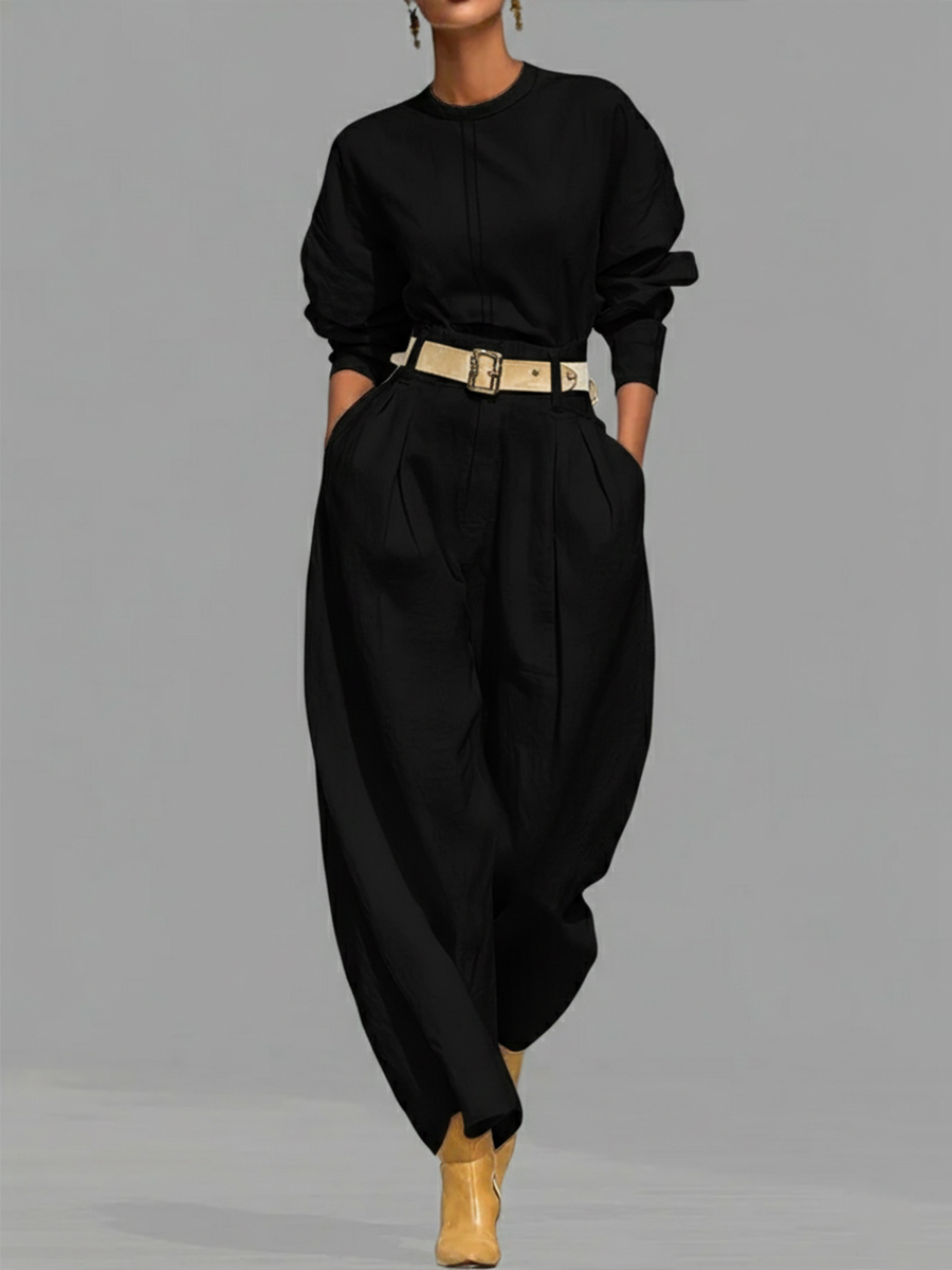 Casual Linen And Cotton Crew-neck Shirt And High-waisted Tapered Trousers Two-piece Set.