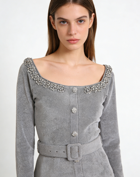 molly Grey Chenille Knit Crystal Trim Top