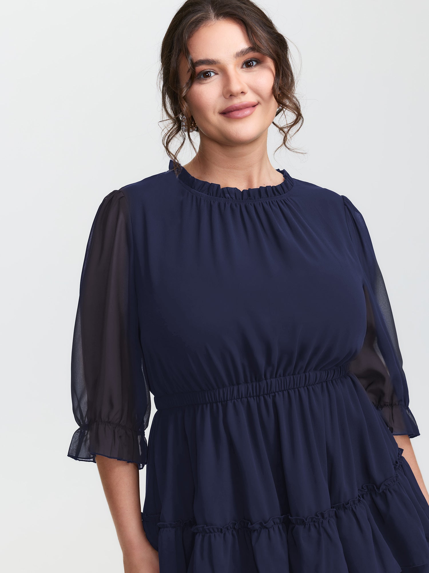 Three-Quarter Sleeve Tulle Skirt Knee-Length Dress