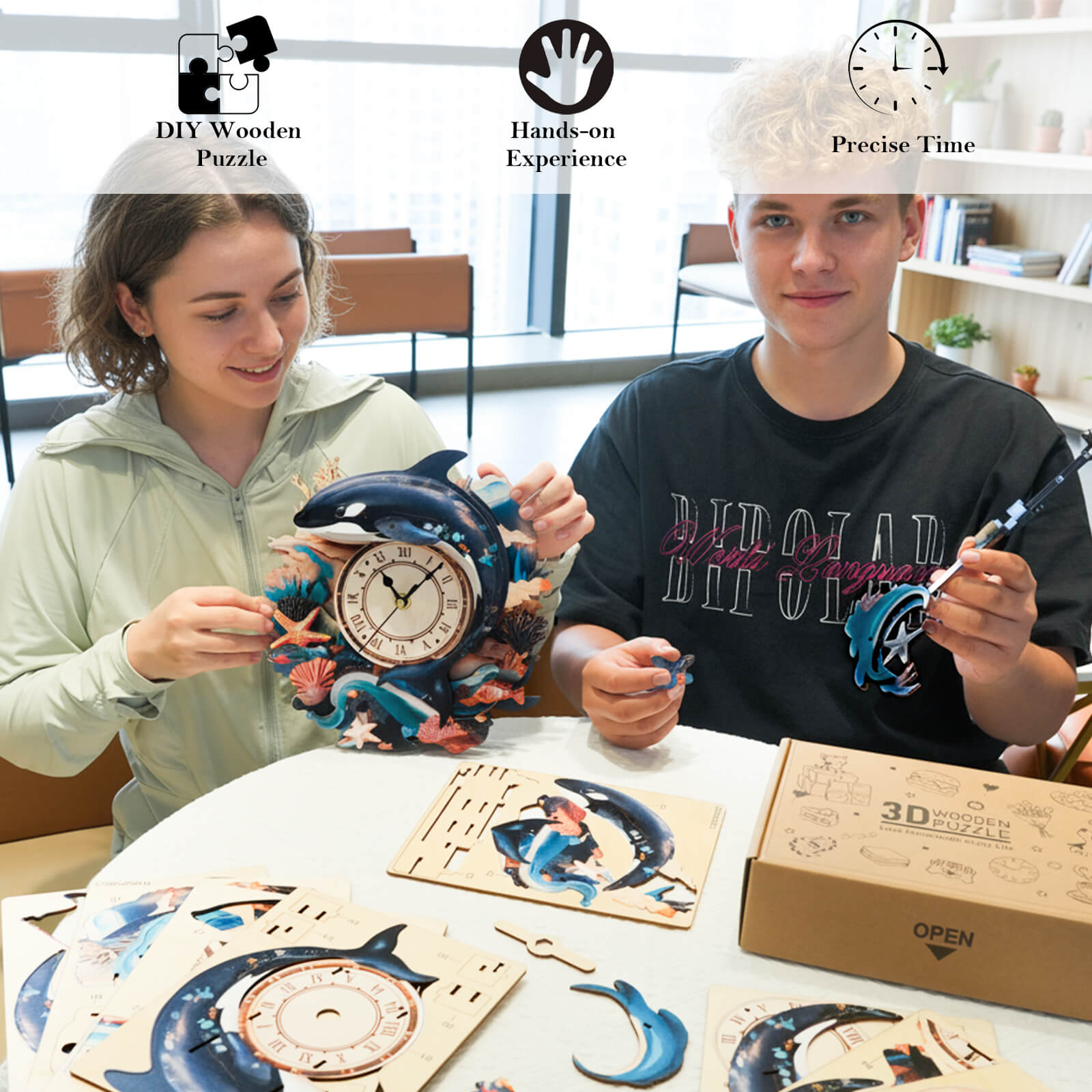 Killer Whale â€“ DIY Wooden Clock, 3D Puzzle Craft Kit